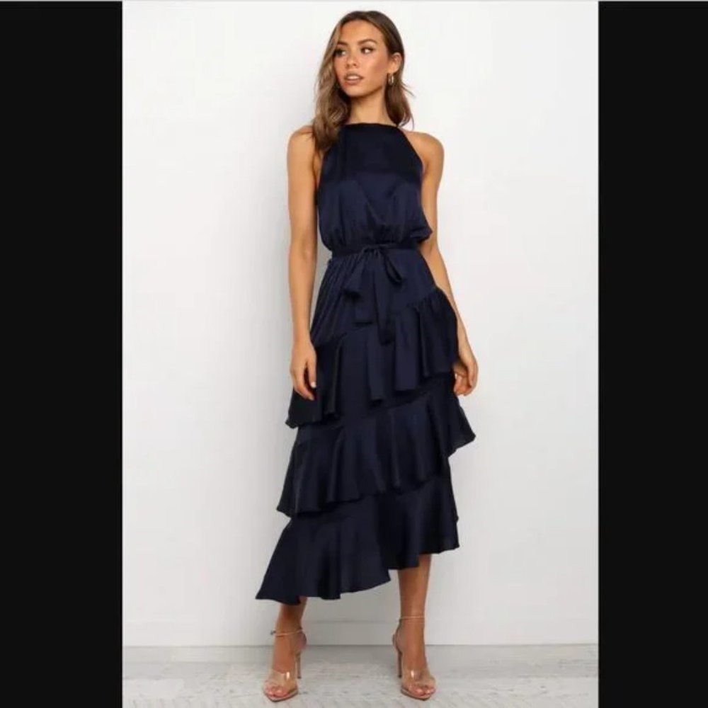 Petal & Pup Navy Blue Satin Seychelle Ruffle Tiered Midi Dress 10 - Picture 2 of 11
